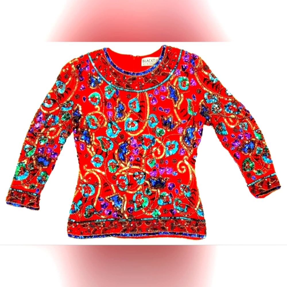 Womens Shirt Top Blouse Fabric Silk Size Medium Vintage Lo Sleeve Sparkle Formal